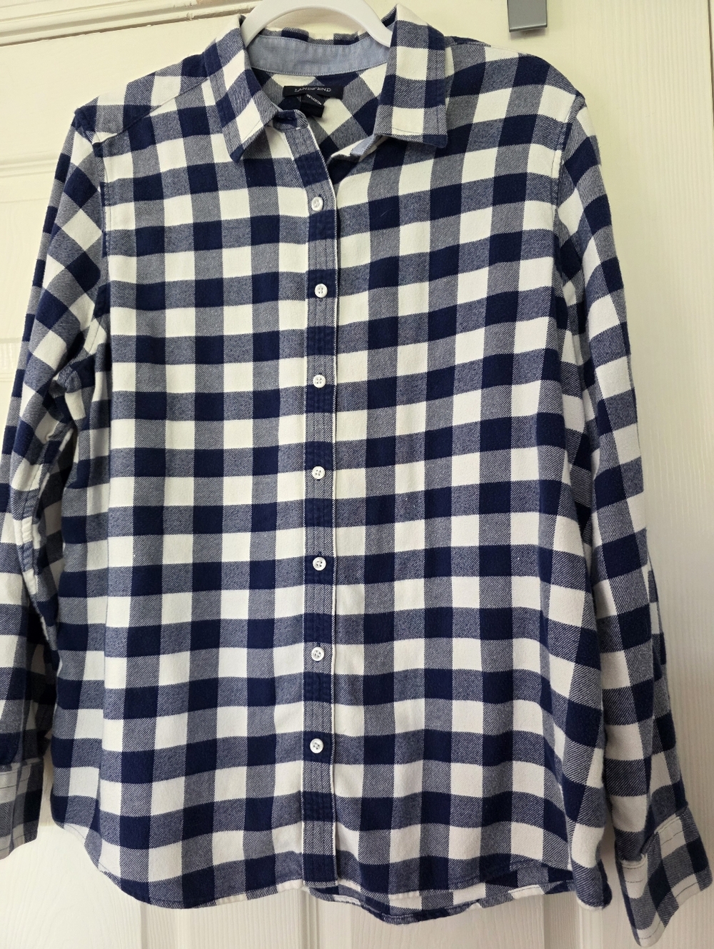 Lands' End Womens blue white plaid flannel button-down shirt Size L